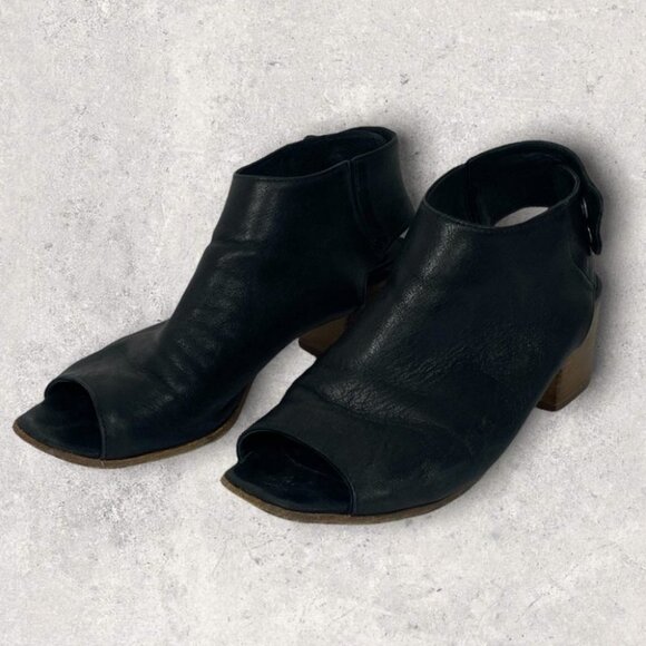 Mimosa Black Leather Peep Toe Ankle Boots Ankle Cut Out Booties Strap Block Heel - Picture 4 of 15